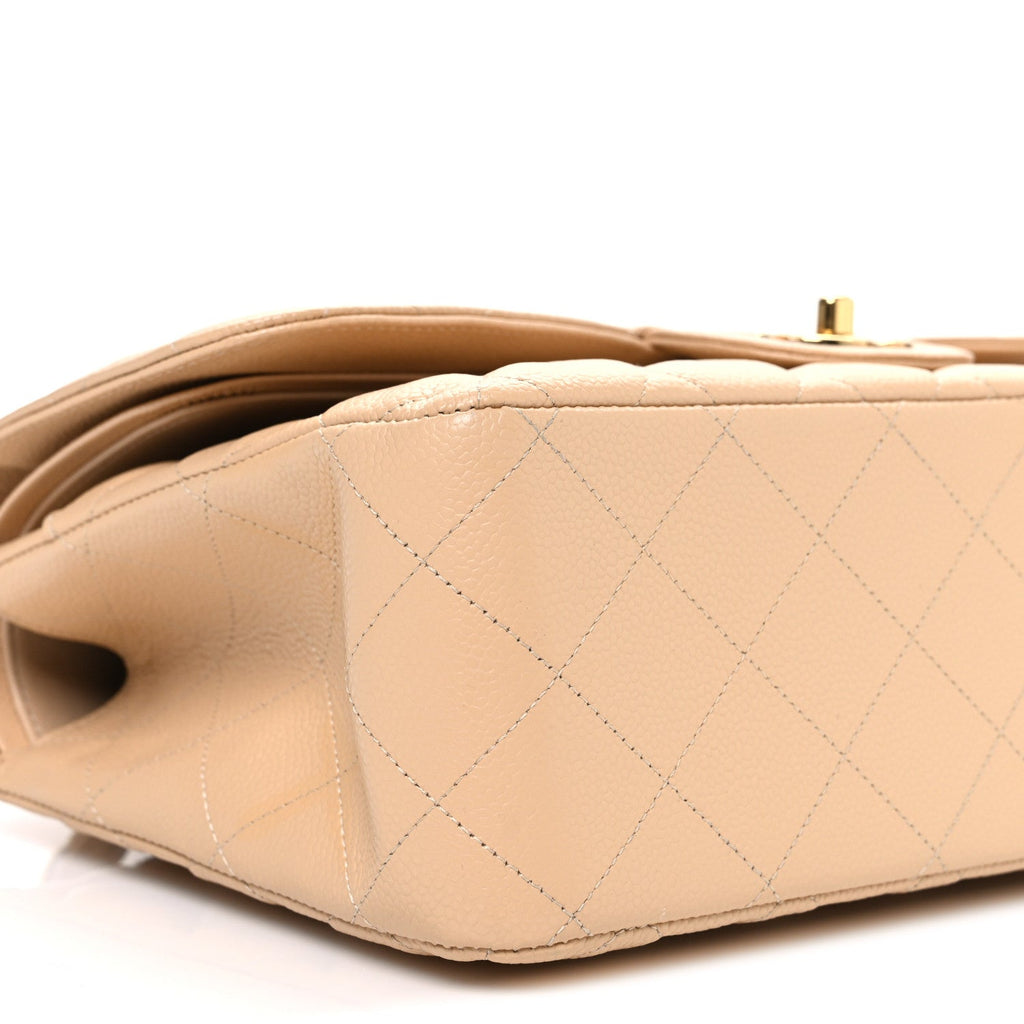 Caviar Quilted Jumbo Double Flap Beige