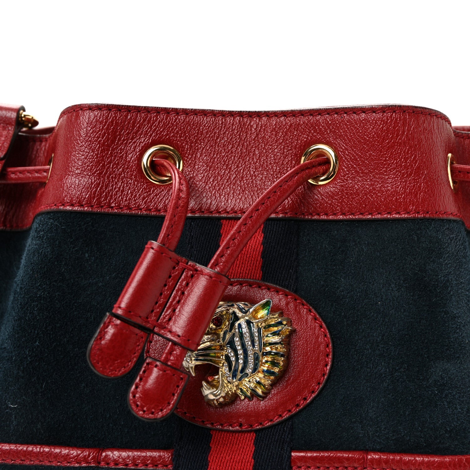 Suede Calfskin Web Medium Rajah Bucket Bag New Blue Romantic Cherry
