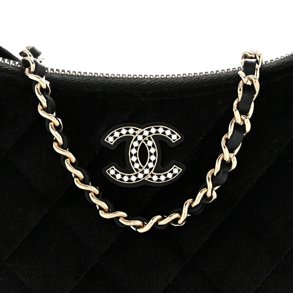 Velvet Crystal Quilted Chain Hobo Black