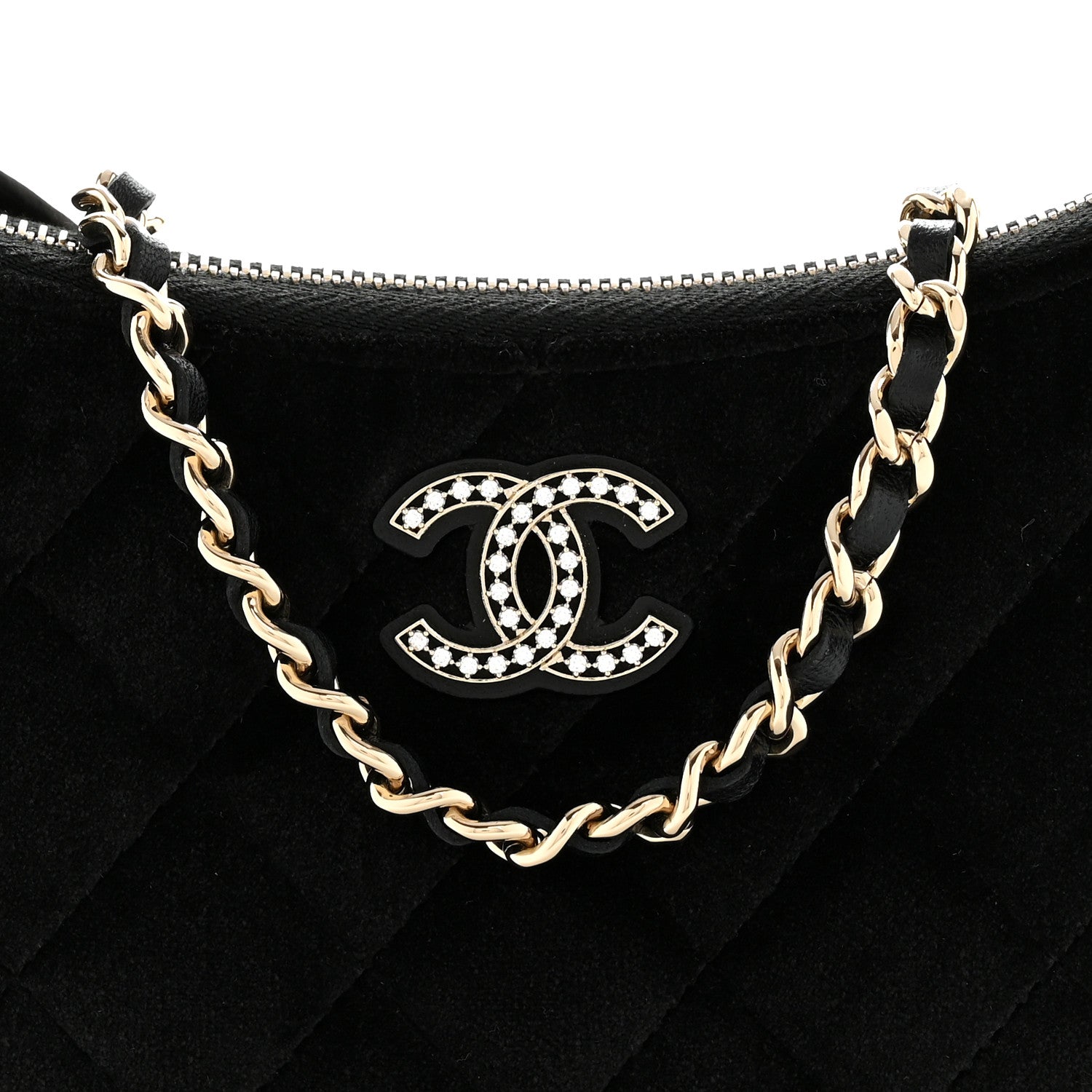 Velvet Crystal Quilted Chain Hobo Black