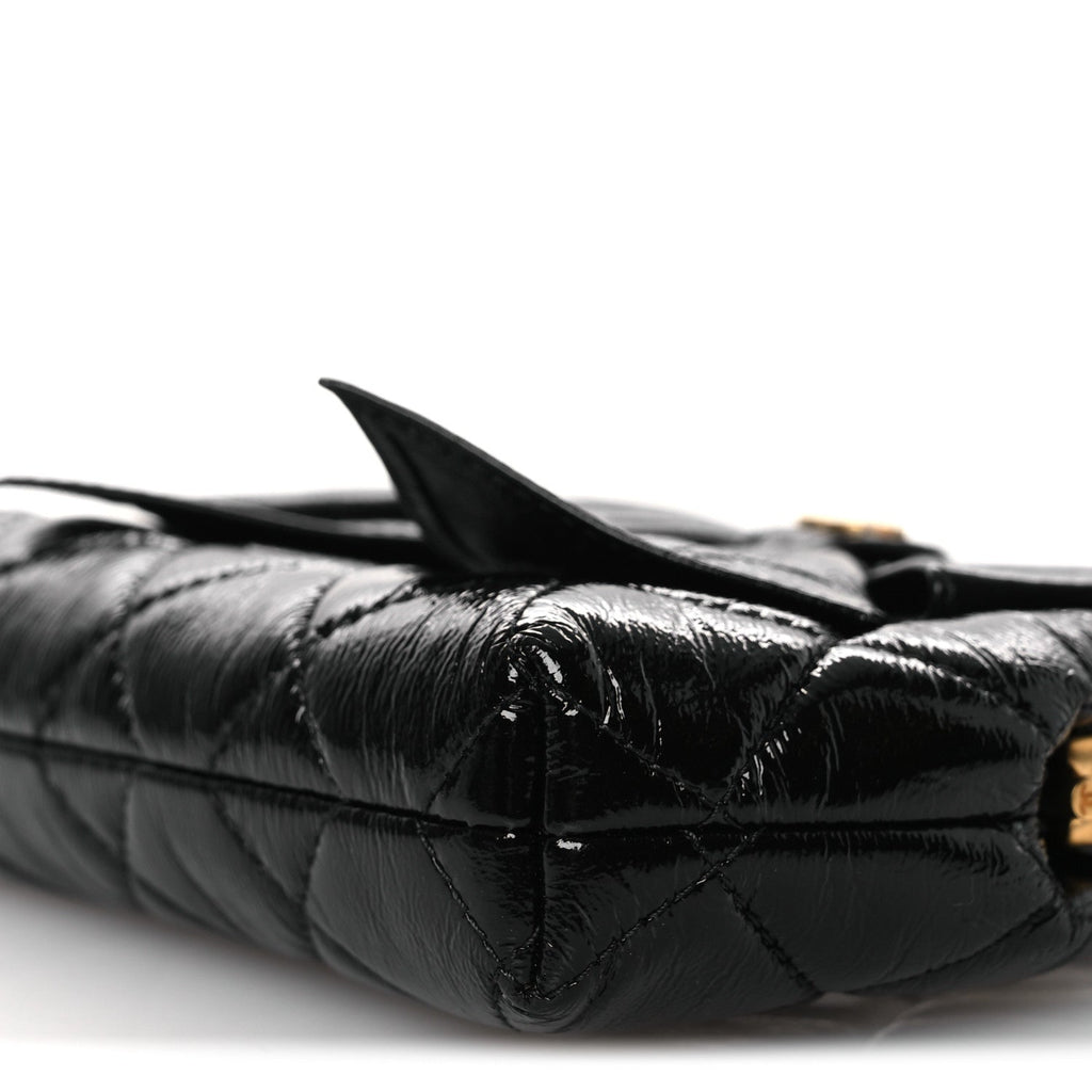 Patent Crumpled Lambskin Quilted Maxi Bow Clutch With Chain Black
