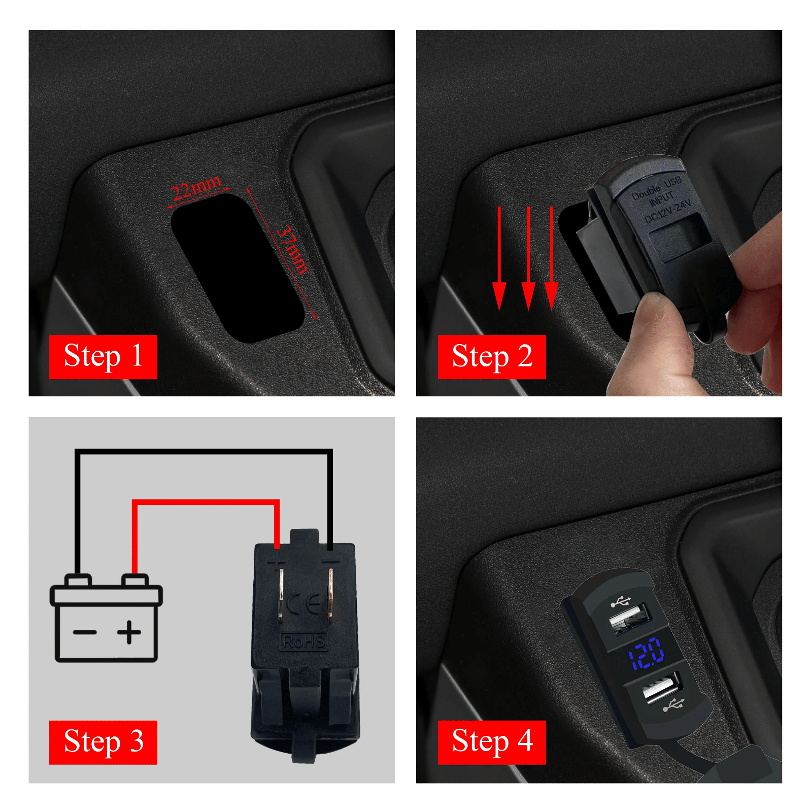 12V Dual USB Charger Socket LED Voltage Voltmeter Rocker Switch Panel Car Boat
