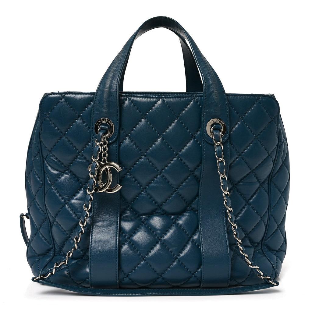 Lambskin Quilted Easy Carry Shopping Tote Blue