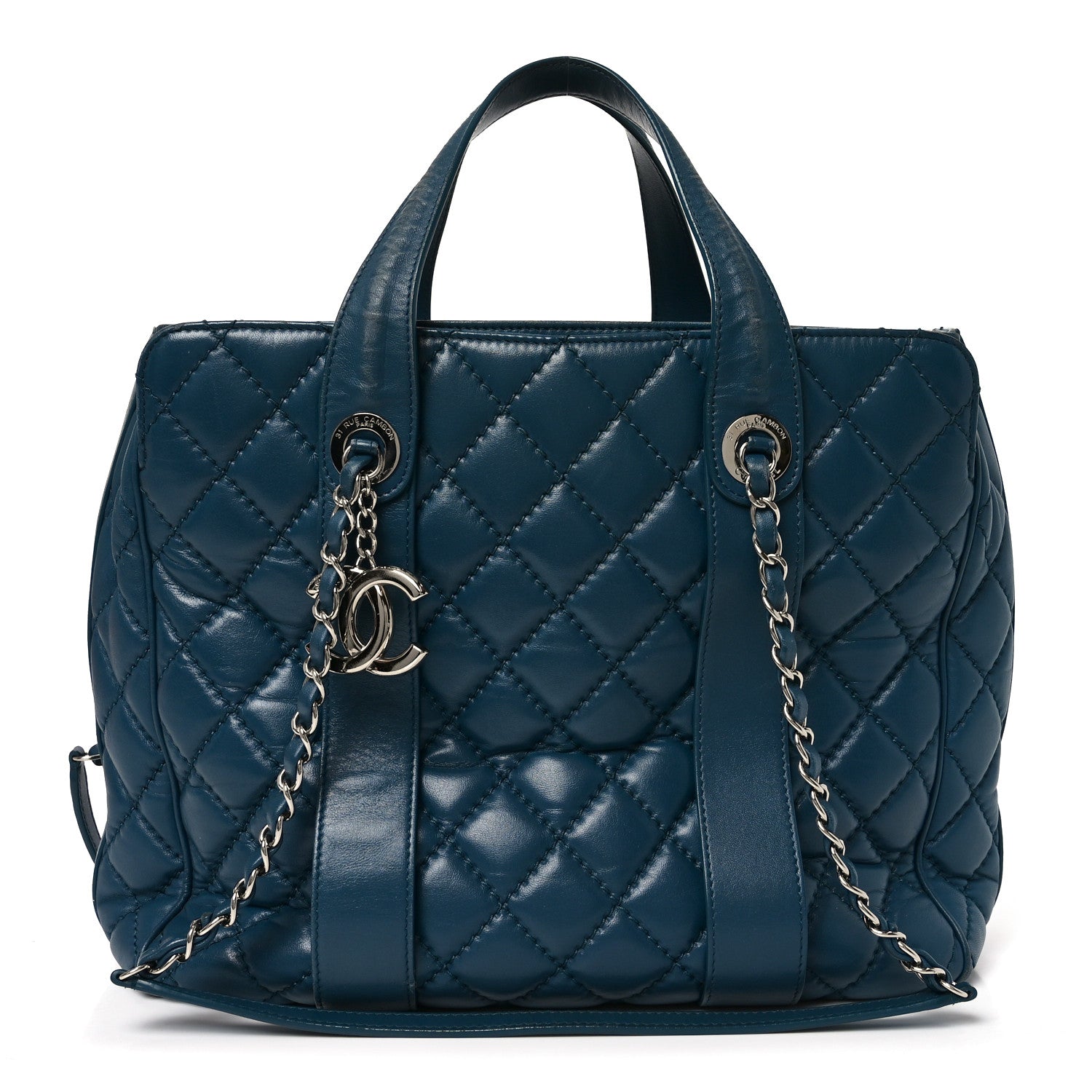 Lambskin Quilted Easy Carry Shopping Tote Blue