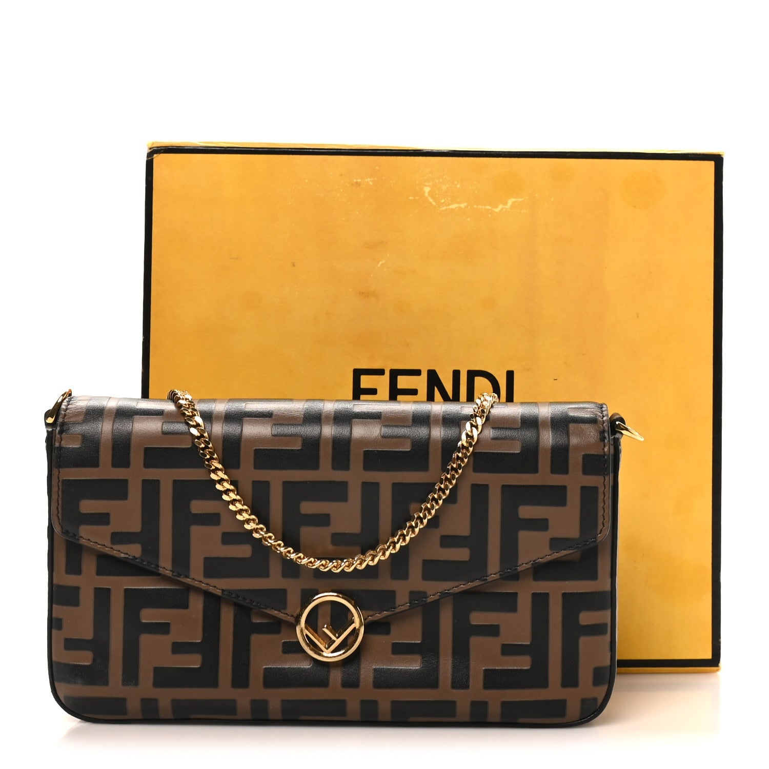 Vitello Soft F is Fendi Bi-Color FF 1974 Embossed Envelope Wallet On Chain with Pouches Maya Black