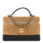 Suede Calfskin Shiny Lambskin Quilted Top Handle Slim Vanity Case With Chain Beige Black