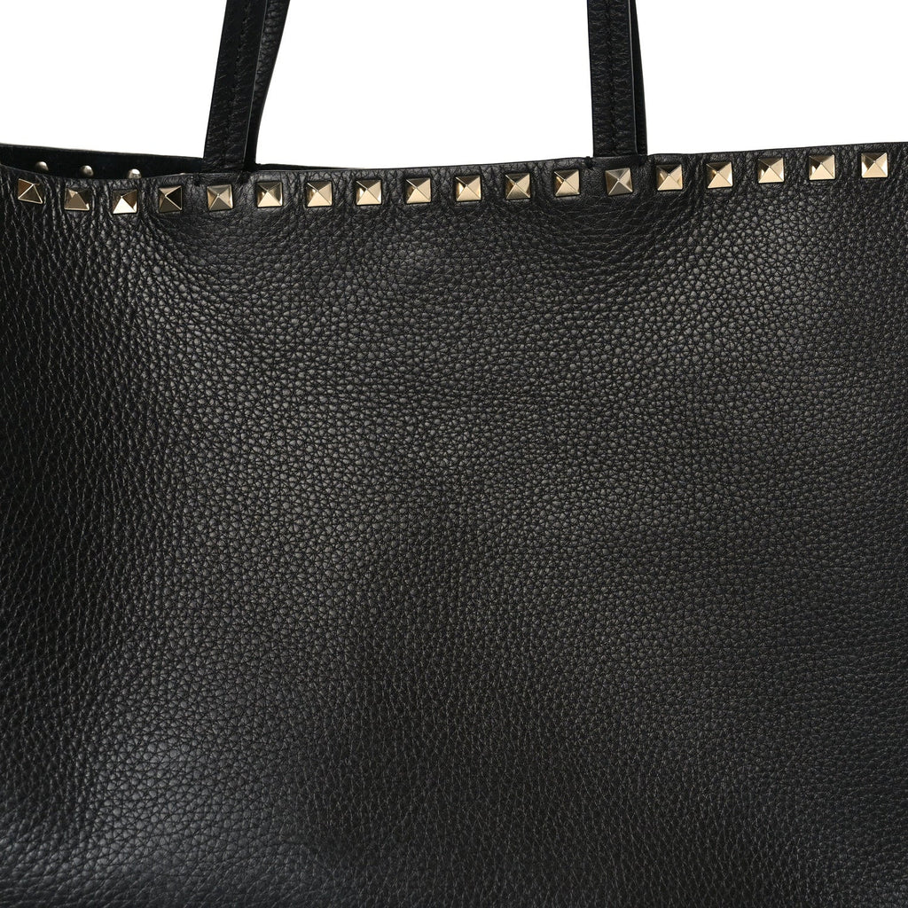 Grained Calfskin Rockstud Shoulder Tote Black
