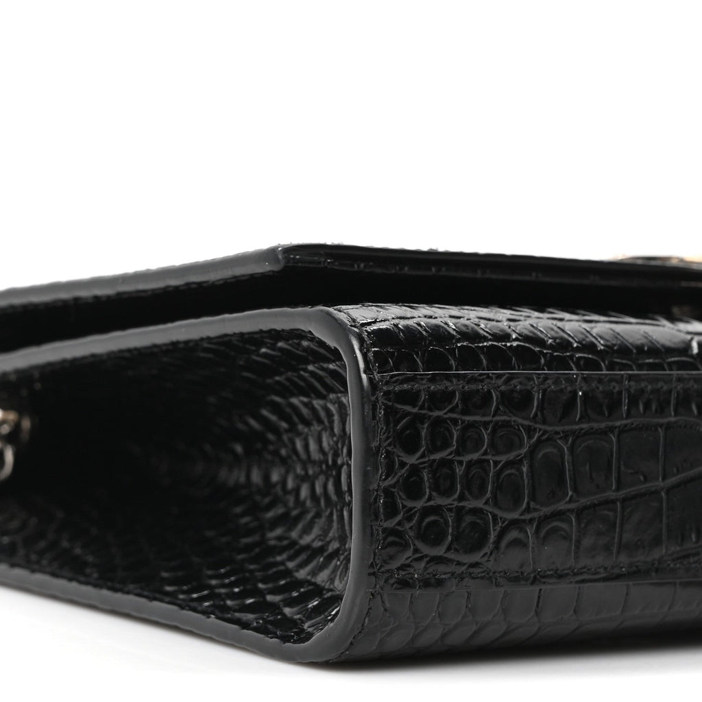 Calfskin Crocodile Embossed Small Classic Monogram Kate Tassel Satchel Black
