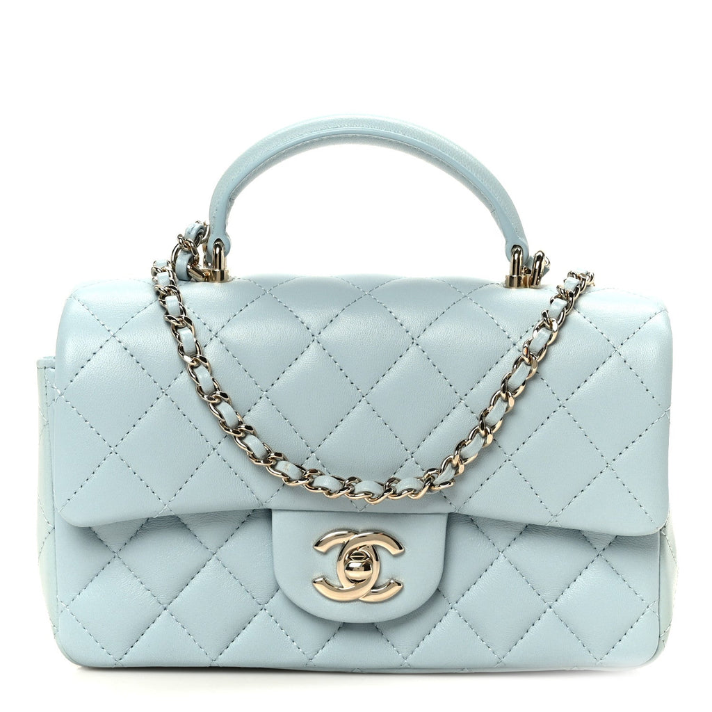 Lambskin Quilted Mini Top Handle Rectangular Flap Light Blue