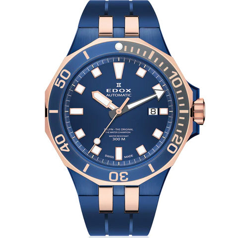 Edox Automatic Watch Delfin Diver Blue Rose Gold 43mm