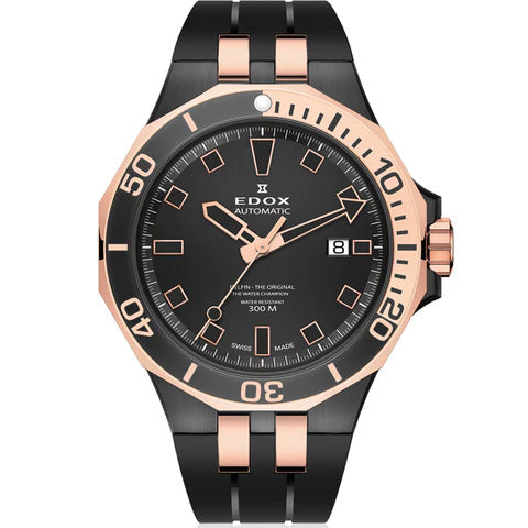 Edox Automatic Watch Delfin Diver Black Rose Gold 43mm