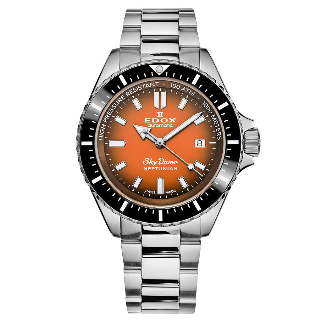 Edox Men's Watch Neptunian Sky Diver Automatic Steel Orange