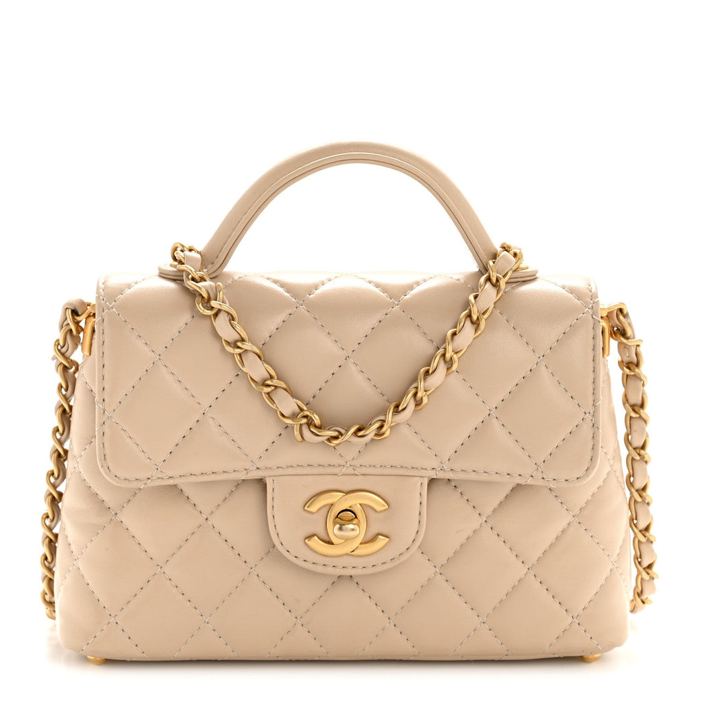 Lambskin Quilted Small Flap Top Handle Bag Beige