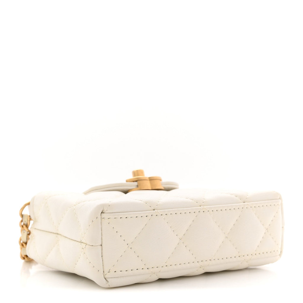 Shiny Aged Calfskin Quilted Mini Nano Kelly Shopper White