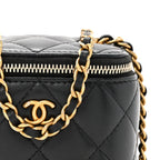 Lambskin Quilted Mini Pearl Crush Vanity Case With Chain Black