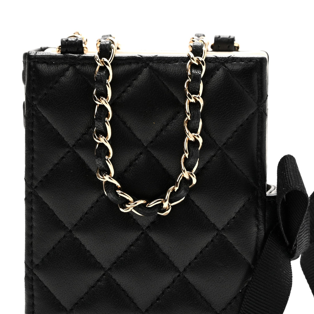 Lambskin Quilted Book Card Holder on Chain Black