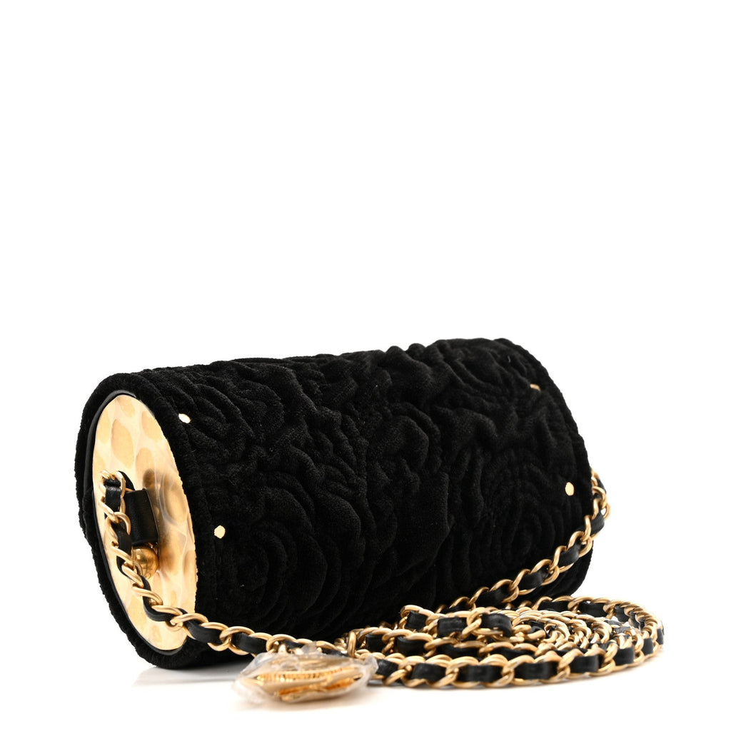 Velvet Camellia Embossed Jewel Belt Card Holder With Chain Black