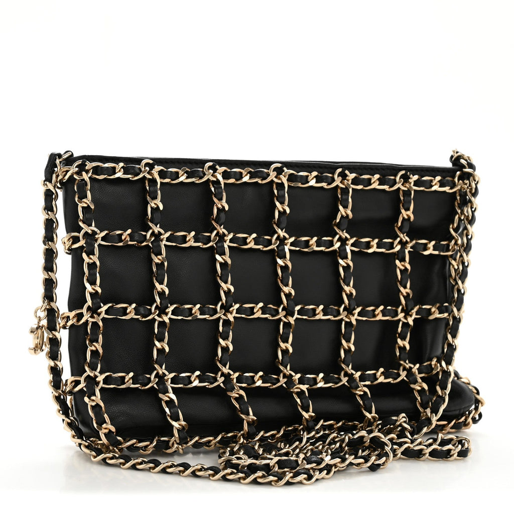 Lambskin Chain Frame Shoulder Bag Black