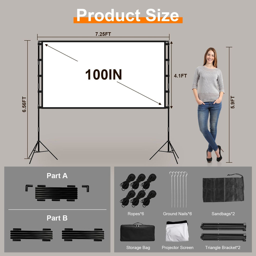 100 inch Options Projector Screen with Stand 16:9 4K HD Rear Front Wrinkle-Free Portable And Foldable Movie Screen with Carry Bag For Indoor Outdoor Home Theater Backyard Cinema