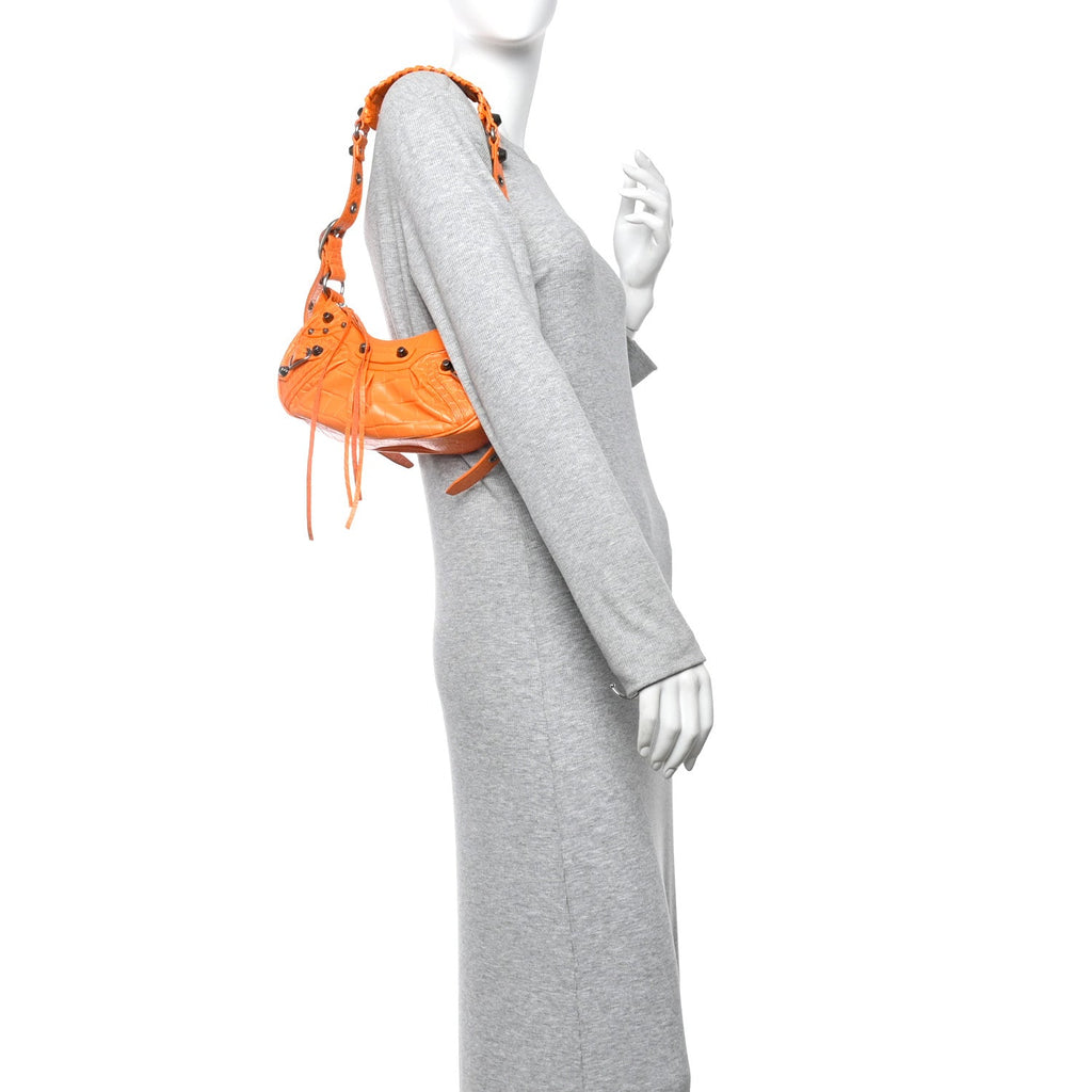 Extra Supple Calfskin Crocodile Embossed Le Cagole Shoulder Bag XS Pop Orange