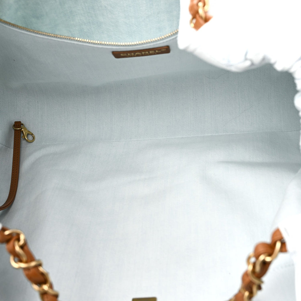 Denim Calfskin Quilted Coco Beach Small Shopping Tote Light Blue Brown