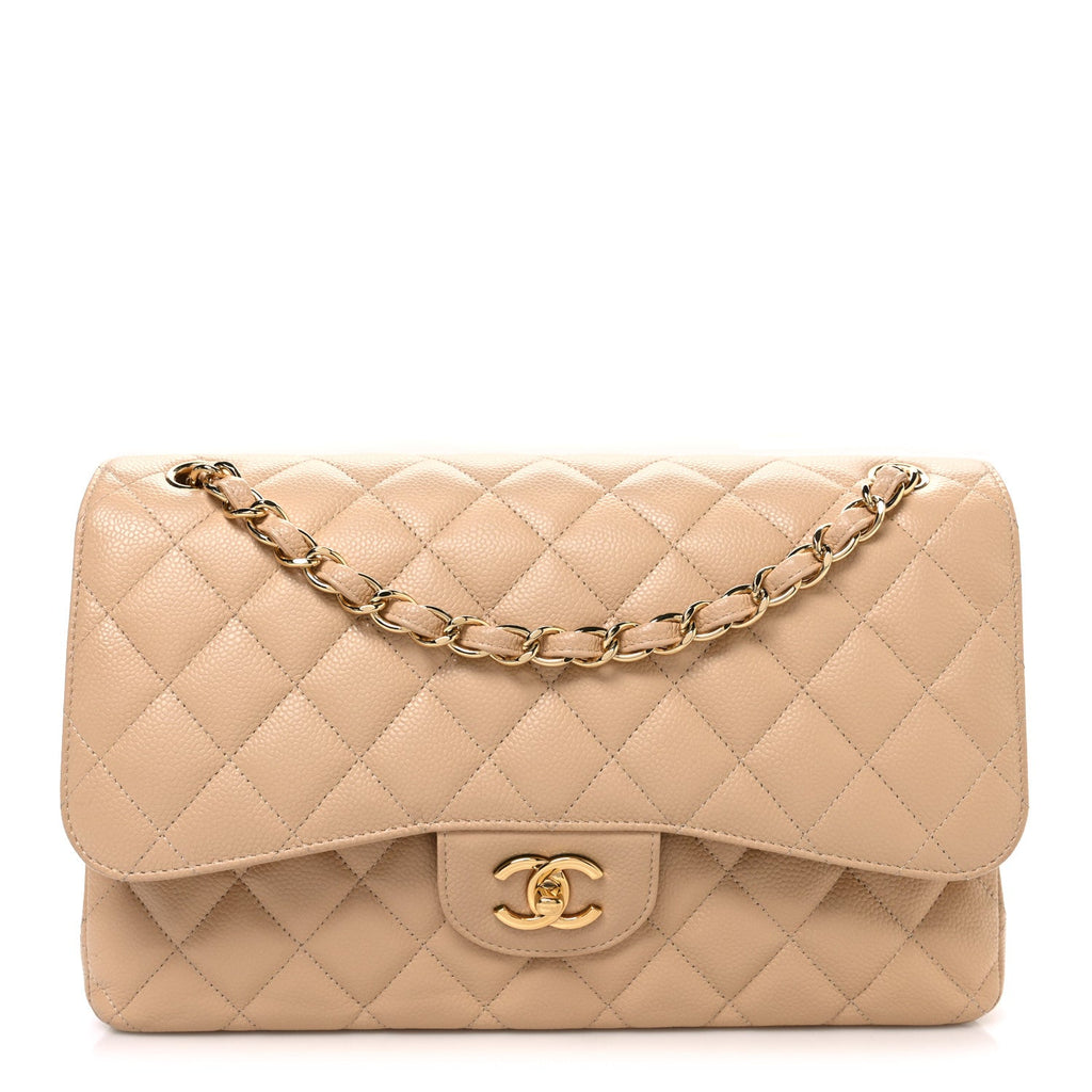 Caviar Quilted Jumbo Double Flap Beige