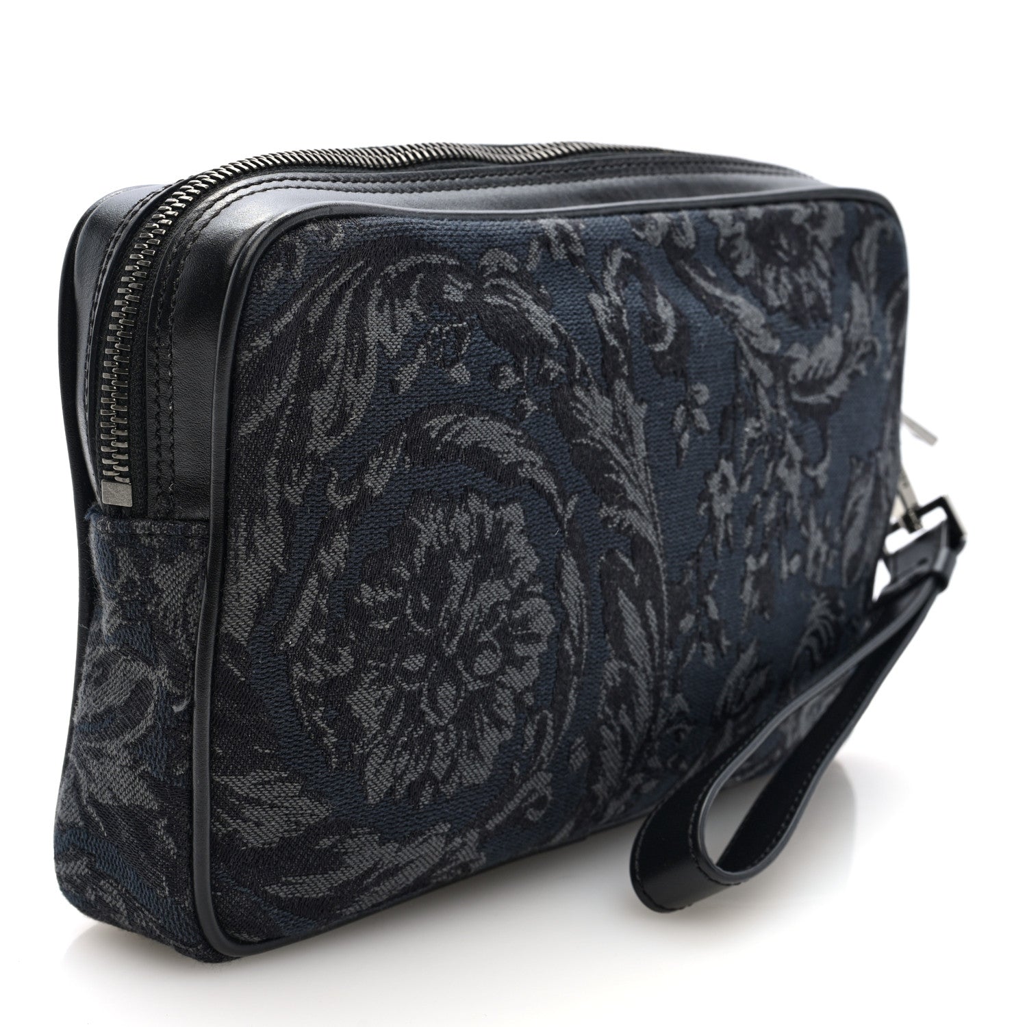 Fabric Jacquard Calfskin Barocco Wristlet Pouch Black