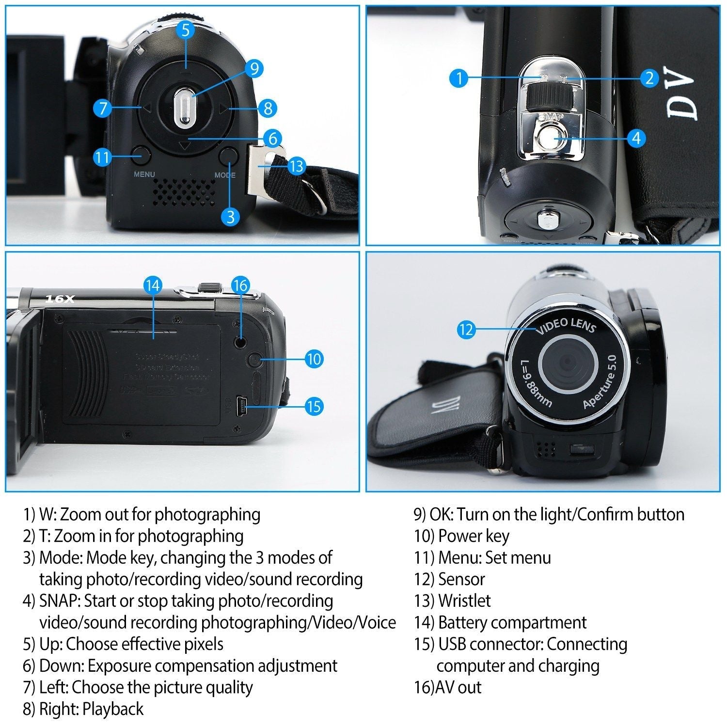 HD 1080P Digital Video Camcorder 2.7in 16X Zoom DV Camera 270° Rotation Rechargeable Kid Camera w/Fill Light Selfie