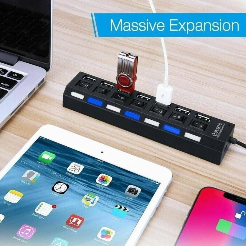 7 Port USB 2.0 Hub Splitter Adapter High Speed For PC Laptop Mac Desktop
