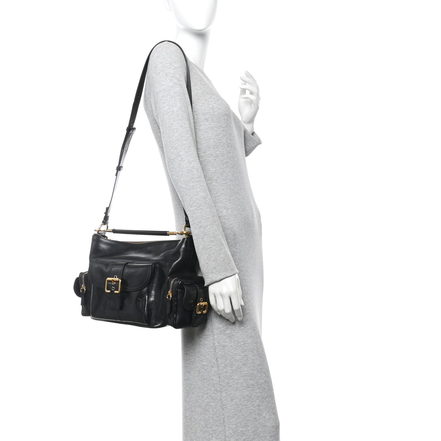 Shiny Calfskin Medium Double Carry Camera Bag Black