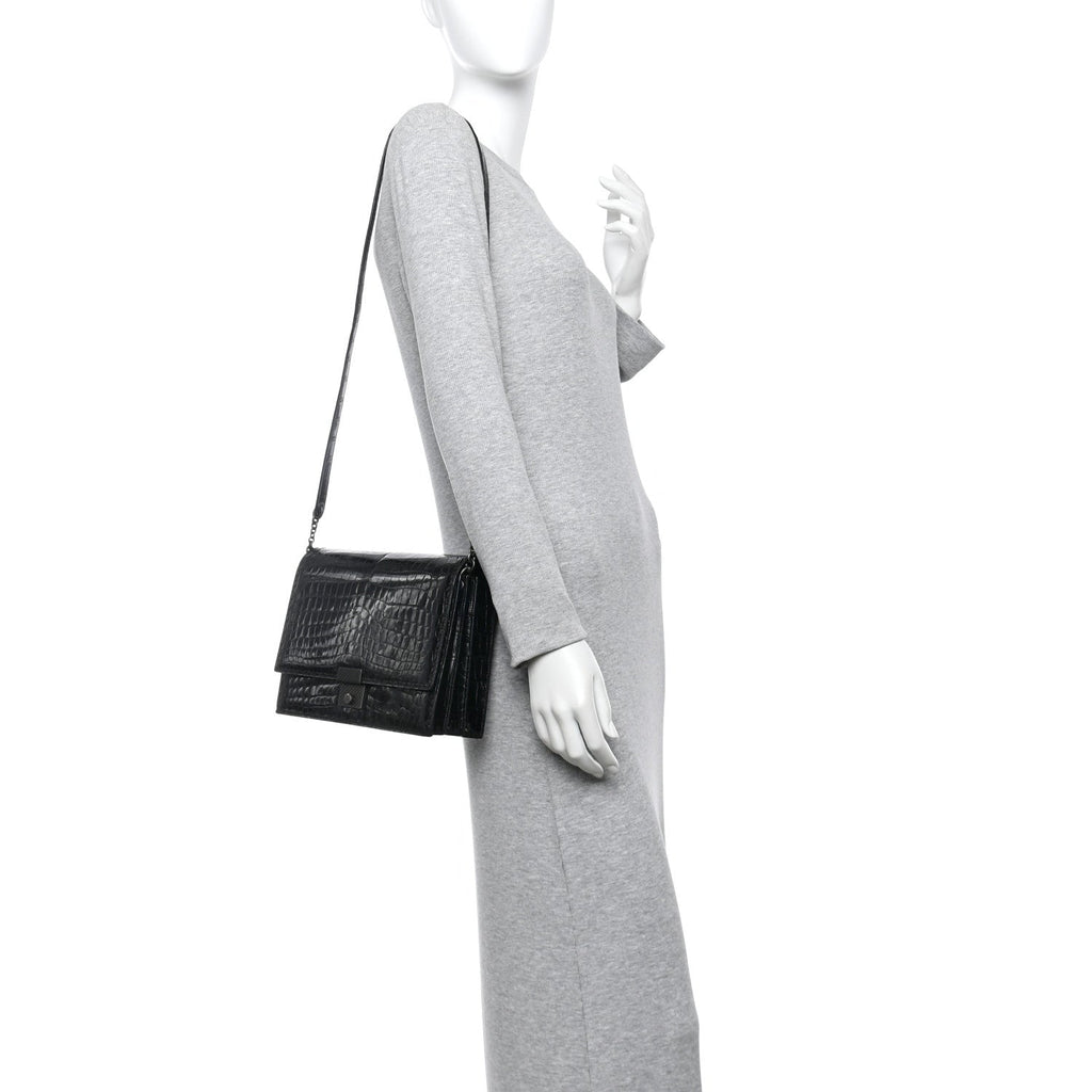 Crocodile Accordion Flap Shoulder Bag Black