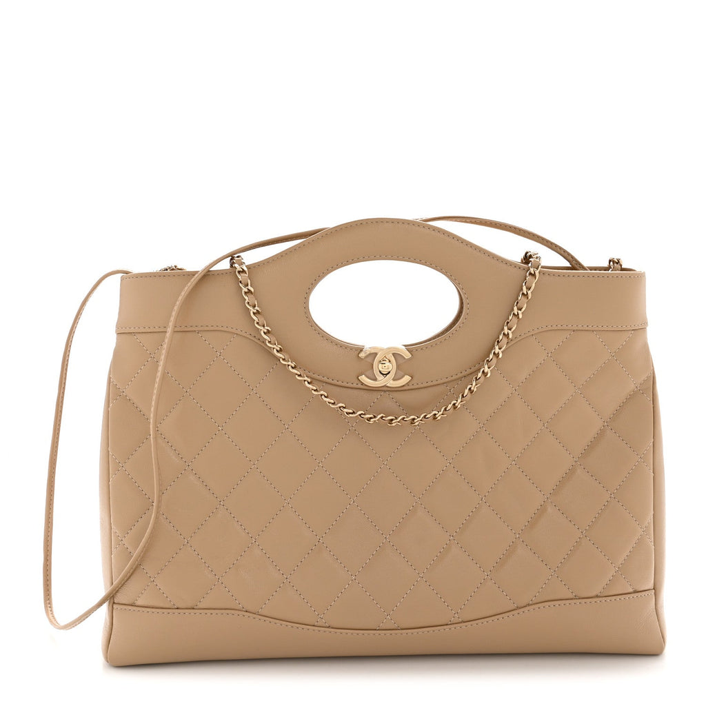 Shiny Crumpled Calfskin Quilted 31 Shopping Bag Dark Beige