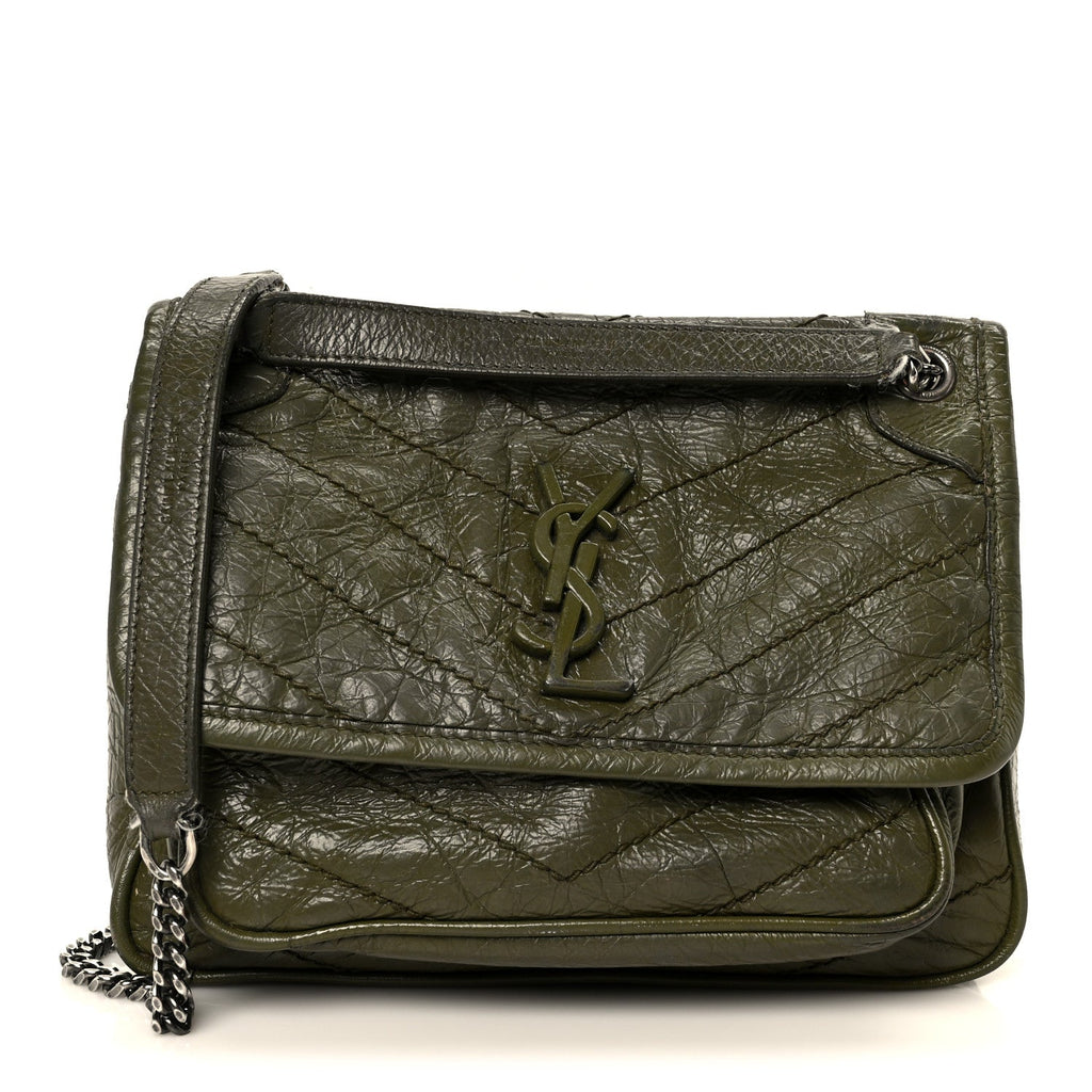 Crinkled Lambskin Matelasse Monogram Baby Niki Chain Satchel Seawood