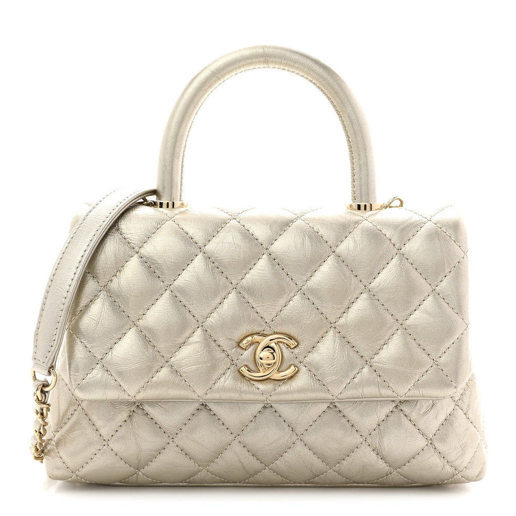 Metallic Aged Calfskin Quilted Mini Coco Handle Flap Gold