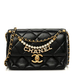 Shiny Lambskin Quilted Mini Pearl Logo Flap Black
