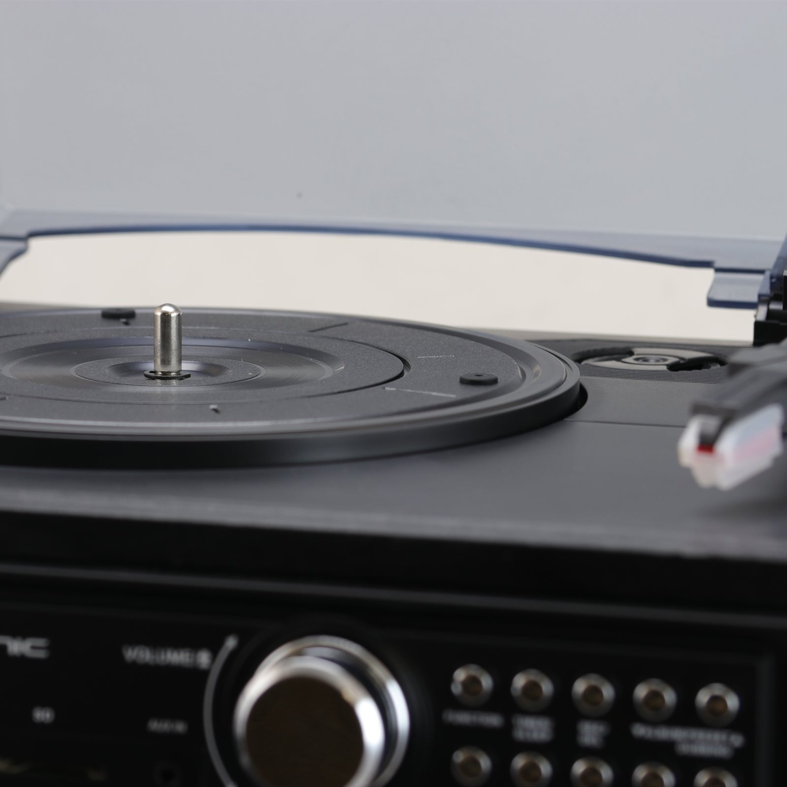 3-Speed Vinyl Turntable Home Stereo System with CD Player, Dual Cassette Player, Bluetooth, FM Radio & USB/SD Recording and Wired Shelf Speakers