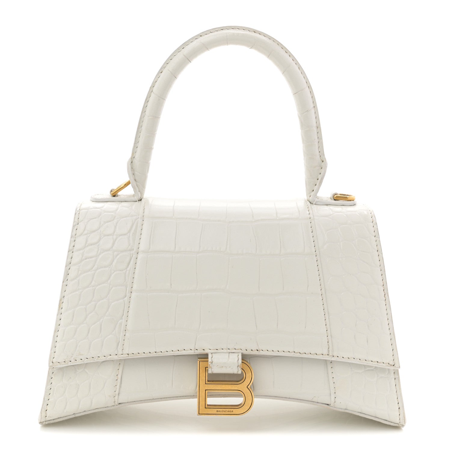 Calfskin Crocodile Embossed Small Hourglass Top Handle Bag White