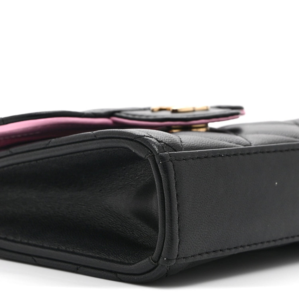 Lambskin Quilted Bi-Color Top Handle Clutch With Chain Black Pink