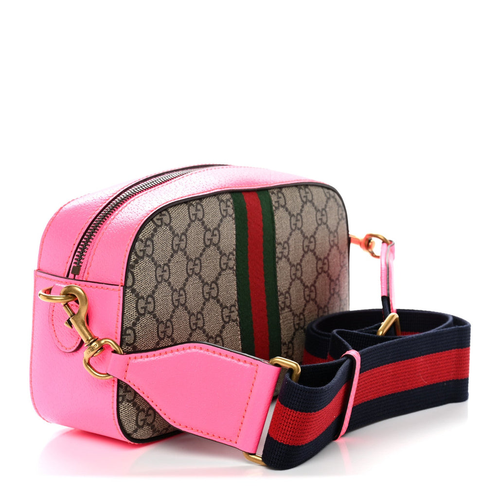 GG Supreme Monogram Textured Dollar Calfskin Web Ophidia Small Crossbody Bag Beige Ebony Fuchsia