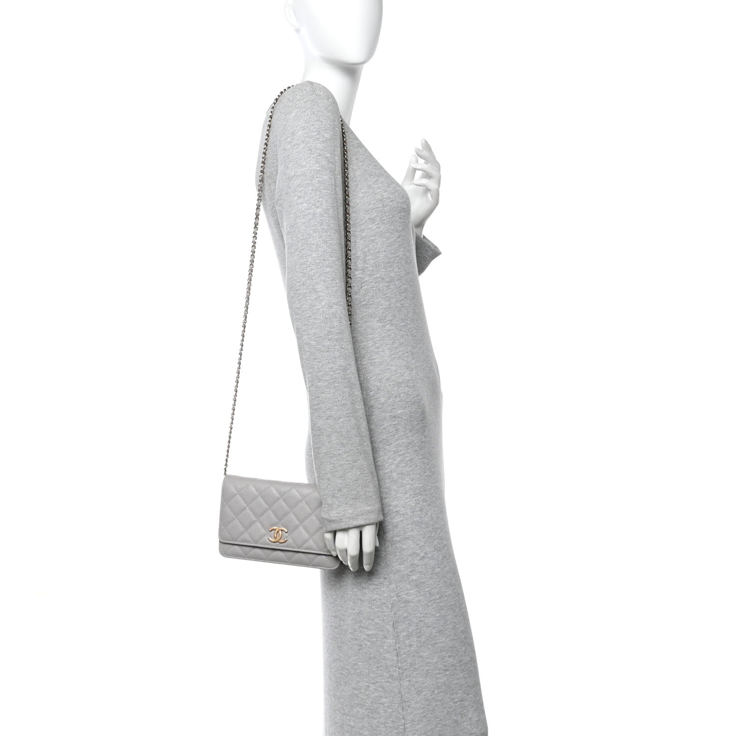 Caviar Quilted Studded CC Wallet On Chain WOC Grey