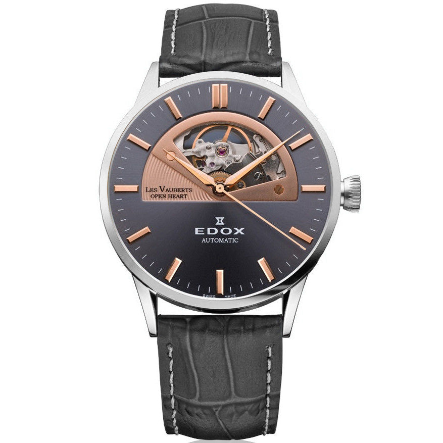 Edox Men's Automatic Watch Les Vauberts Open Heart Rose Gold 43mm
