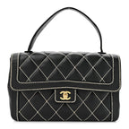 Calfskin Quilted Wild Stitch Large Top Handle Flap Black