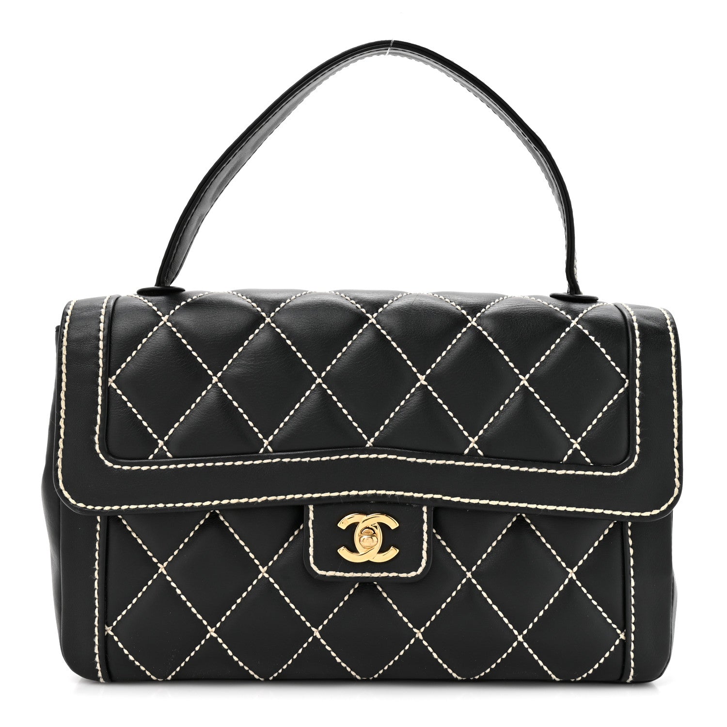 Calfskin Quilted Wild Stitch Large Top Handle Flap Black