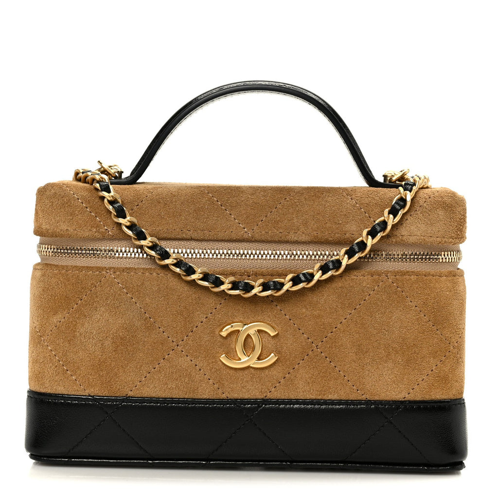 Suede Calfskin Shiny Lambskin Stitched Top Handle Slim Vanity With Chain Beige Black
