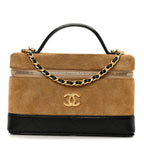 Suede Calfskin Shiny Lambskin Stitched Top Handle Slim Vanity With Chain Beige Black