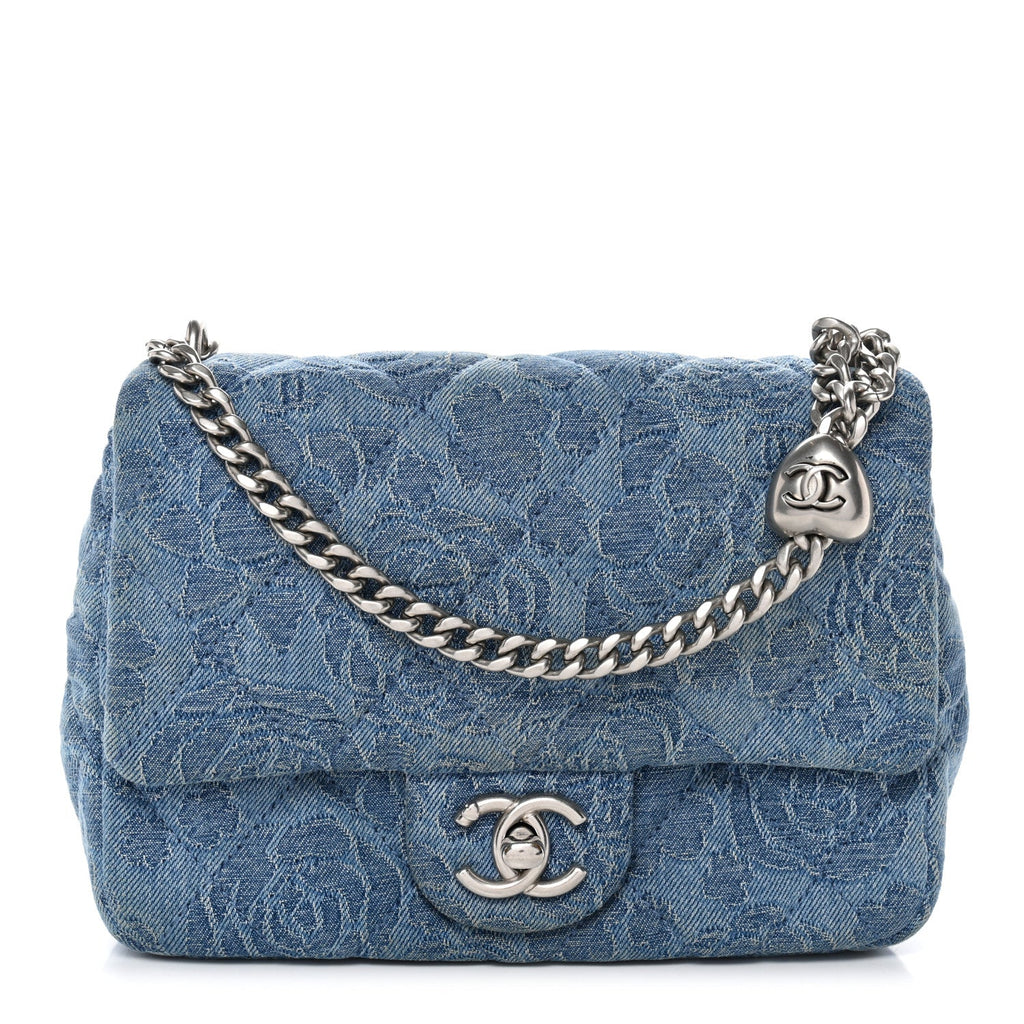 Denim Quilted Camellia Sweetheart Mini Flap Blue