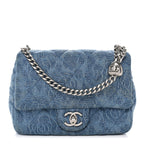 Denim Quilted Camellia Sweetheart Mini Flap Blue