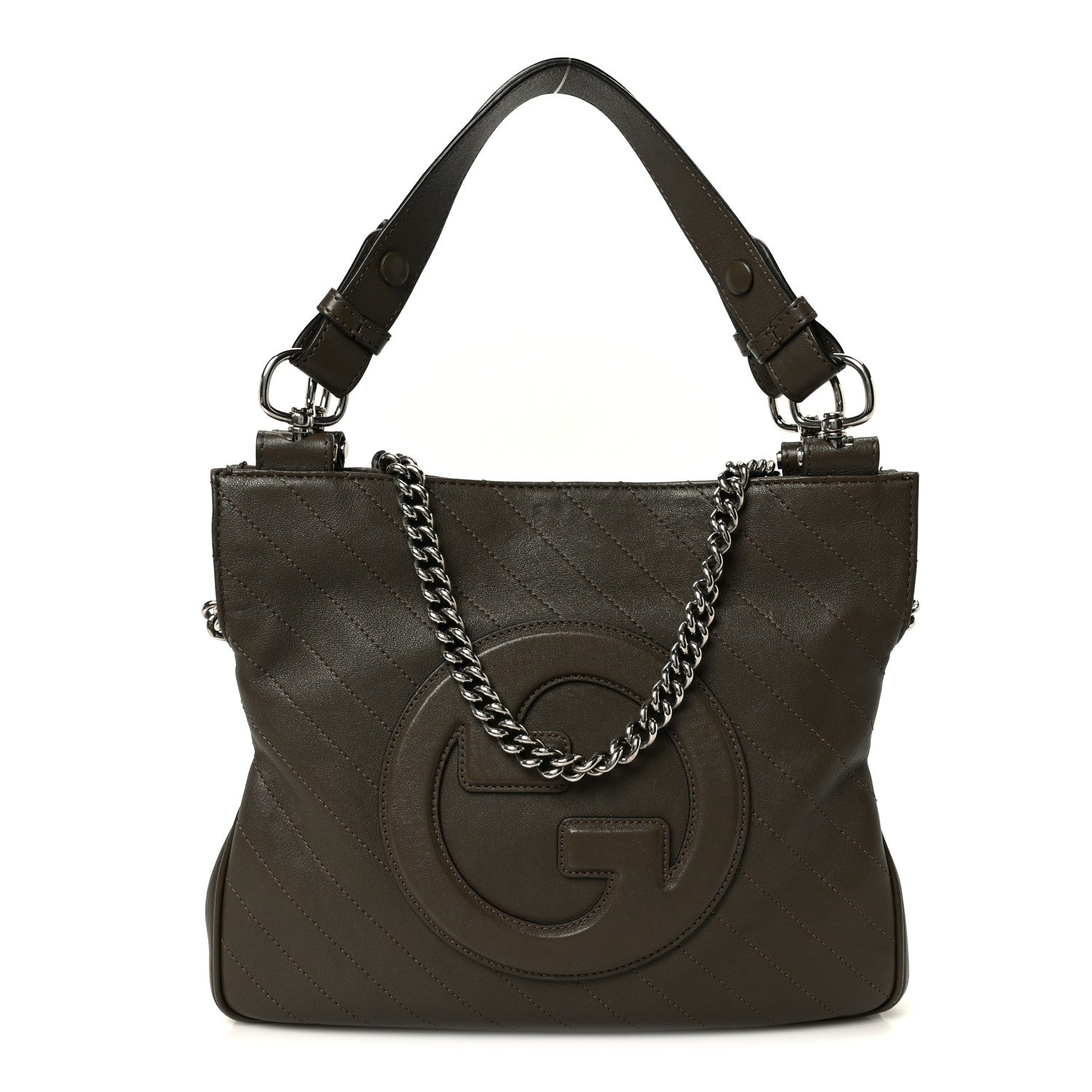 Sakai Be Green Calfskin Diagonal Stitched Small Blondie Tote Craclet Brown