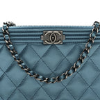 Metallic Caviar Quilted Small Boy Clutch With Chain Turquoise