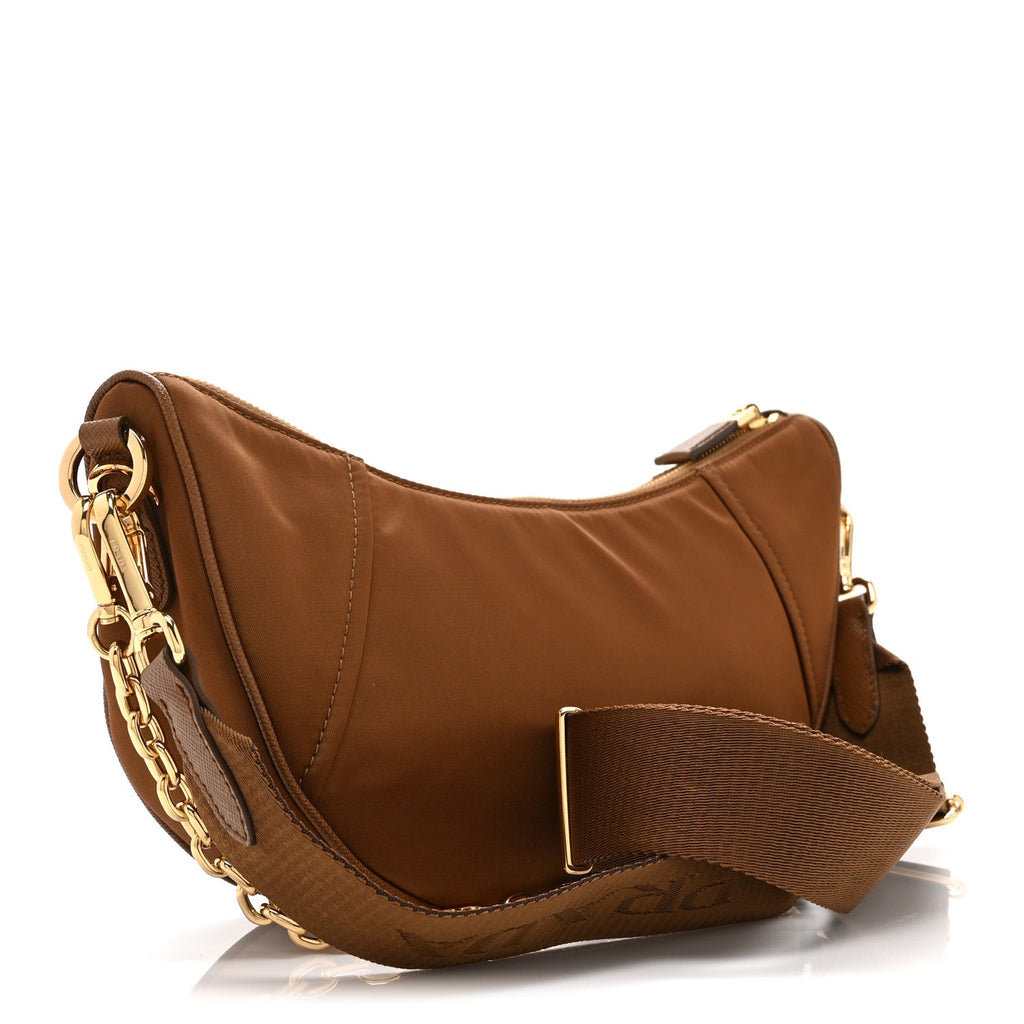Re-Nylon Saffiano Demi-lune Shoulder Bag Brandy